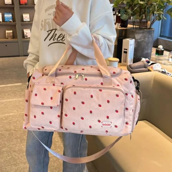 Corduroy Strawberry Sports Duffel Bag,Gym Bag with Shoe Compartment & Wet Pocket,Cute Travel Bag Weekend Bag Dance Bag for Girls (Pink) by Aikelai - Image 6