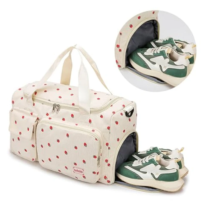 Corduroy Strawberry Sports Duffel Bag,Gym Bag with Shoe Compartment & Wet Pocket,Cute Travel Bag Weekend Bag Dance Bag for Girls (Pink) by Aikelai - Image 9