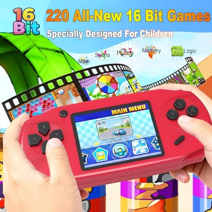 Beijue 16 Bit Handheld Games for Kids Preloaded 220 Retro Video Games with 3.0'' Large Screen Portable Rechargeable Electronic Gaming Player Toy Gifts for Boys Girls (Red) by Beijue - Image 2