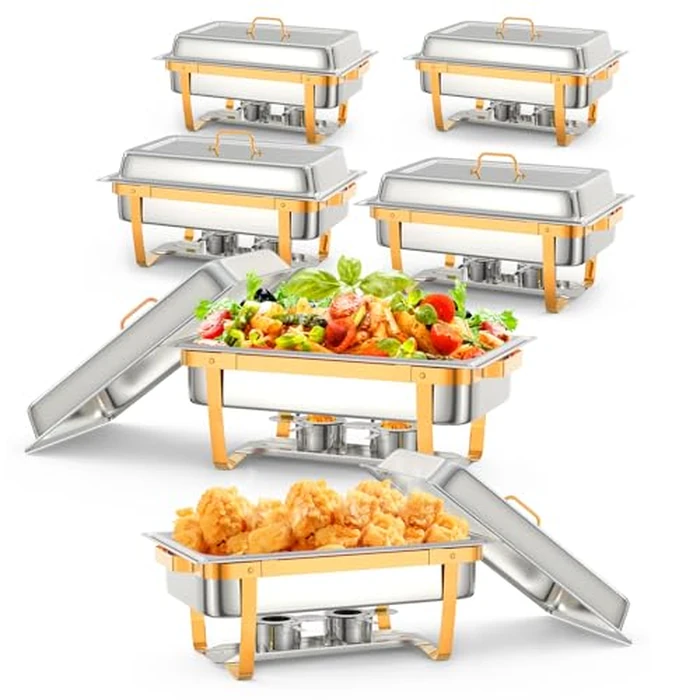 6 Pack Chafing Dish Buffet Set,8 QT Rectangle Chafing Dishes for Buffet w/Lid Holder, Stainless Steel Chafer Food Warmers Servers for Kitchen Party Banquet Dining,Gold by Garvee - Used - Very Good condition - CA$171.39
