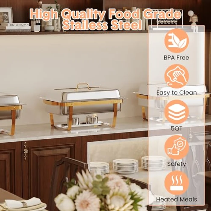 6 Pack Chafing Dish Buffet Set,8 QT Rectangle Chafing Dishes for Buffet w/Lid Holder, Stainless Steel Chafer Food Warmers Servers for Kitchen Party Banquet Dining,Gold by Garvee - Image 2