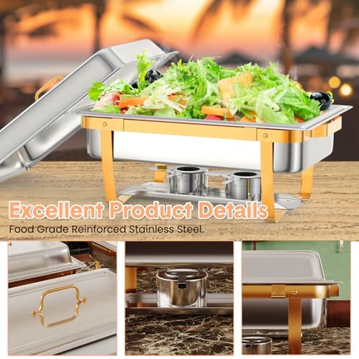 6 Pack Chafing Dish Buffet Set,8 QT Rectangle Chafing Dishes for Buffet w/Lid Holder, Stainless Steel Chafer Food Warmers Servers for Kitchen Party Banquet Dining,Gold by Garvee - Image 3