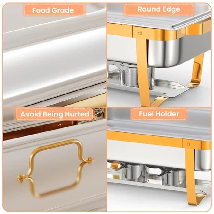 6 Pack Chafing Dish Buffet Set,8 QT Rectangle Chafing Dishes for Buffet w/Lid Holder, Stainless Steel Chafer Food Warmers Servers for Kitchen Party Banquet Dining,Gold by Garvee - Image 4