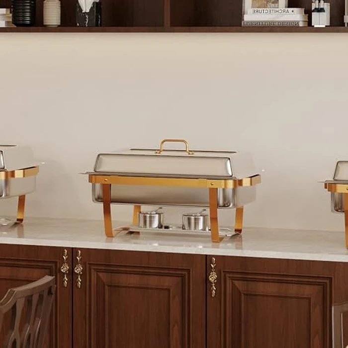 6 Pack Chafing Dish Buffet Set,8 QT Rectangle Chafing Dishes for Buffet w/Lid Holder, Stainless Steel Chafer Food Warmers Servers for Kitchen Party Banquet Dining,Gold by Garvee - Image 8