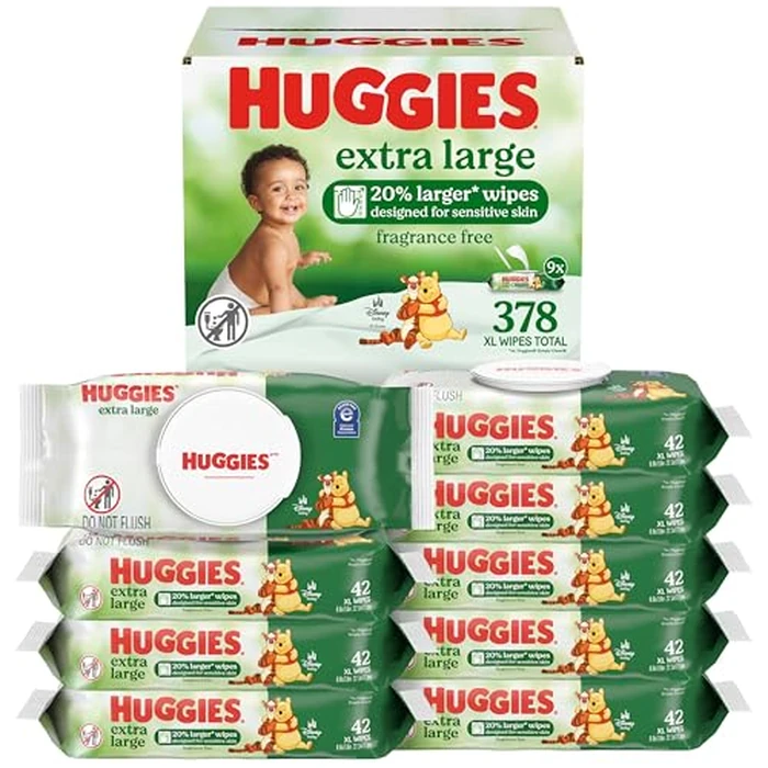 Huggies Extra Large Baby Wipes, Unscented, 9 Flip-Top Packs, 378 XL Wipes Total, Packaging May Vary by HUGGIES - Used - Like New condition - US$12.72