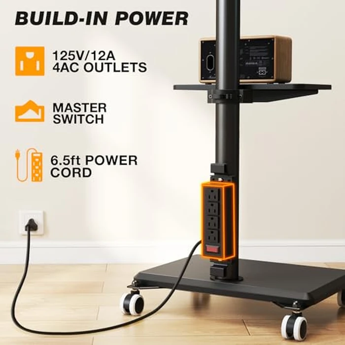 5Rcom Rolling TV Stand with Power Outlet for 32-60 inch TVs, Swivel and Height Adjustable Mobile TV Cart with Shelf, Portable TV Stand on Wheels up to 88 lbs for Living Room, Bedroom and Office by 5Rcom - Image 4