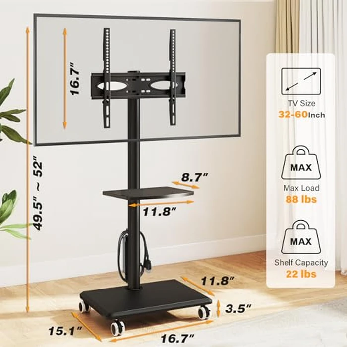 5Rcom Rolling TV Stand with Power Outlet for 32-60 inch TVs, Swivel and Height Adjustable Mobile TV Cart with Shelf, Portable TV Stand on Wheels up to 88 lbs for Living Room, Bedroom and Office by 5Rcom - Image 6