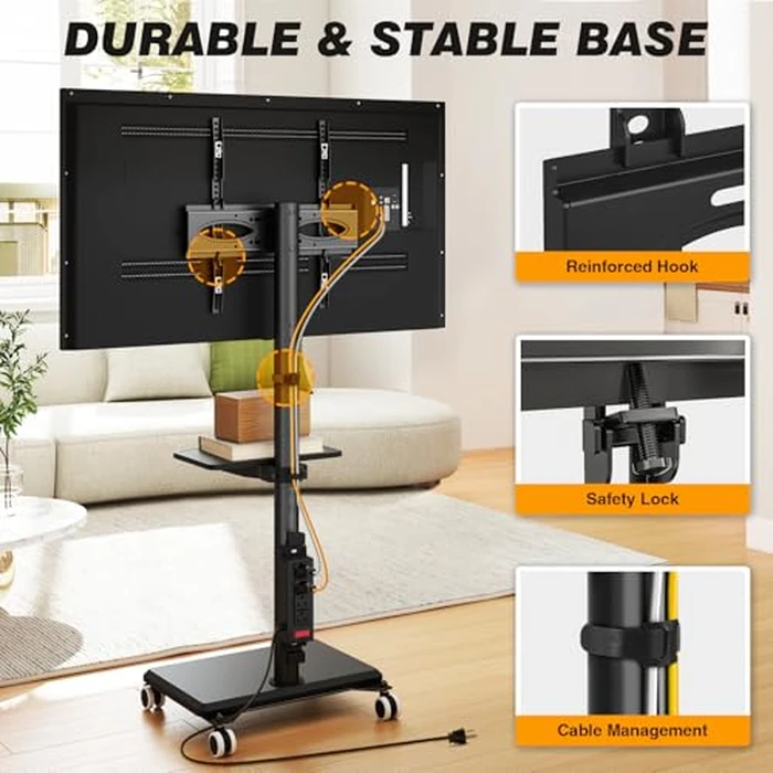 5Rcom Rolling TV Stand with Power Outlet for 32-60 inch TVs, Swivel and Height Adjustable Mobile TV Cart with Shelf, Portable TV Stand on Wheels up to 88 lbs for Living Room, Bedroom and Office by 5Rcom - Image 9
