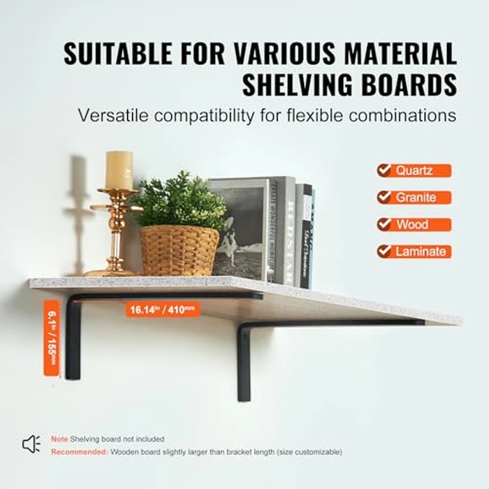 VEVOR Shelf Bracket, 16 x 6 in 4 Pcs, Heavy Duty Floating Shelf Brackets, Brackets for Shelves, 10mm Thick Matte Black L Shelf Bracket,Steel Shelving Brackets with 160 lbs Load Capacity by VEVOR - Image 3