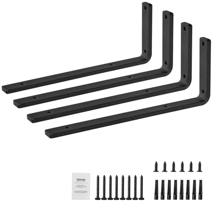 VEVOR Shelf Bracket, 16 x 6 in 4 Pcs, Heavy Duty Floating Shelf Brackets, Brackets for Shelves, 10mm Thick Matte Black L Shelf Bracket,Steel Shelving Brackets with 160 lbs Load Capacity by VEVOR - Image 9