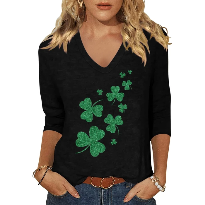 Vircreate Womens 3/4 Sleeve V Neck T-Shirts St. Patrick's Day Spring Shirts Lucky Shamrock Graphic Tee Tops (L,ST261 Black) by Vircreate - Used - Like New condition