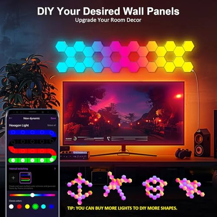 JIMIMORO Hexagon LED Light Panels 8 Pack - RGB Wall Decor Lights with Music Sync, App & Remote - Modular Home & Christmas Decor for Bedroom, Living Room, and Room Decor by JIMIMORO - Used - Like New condition