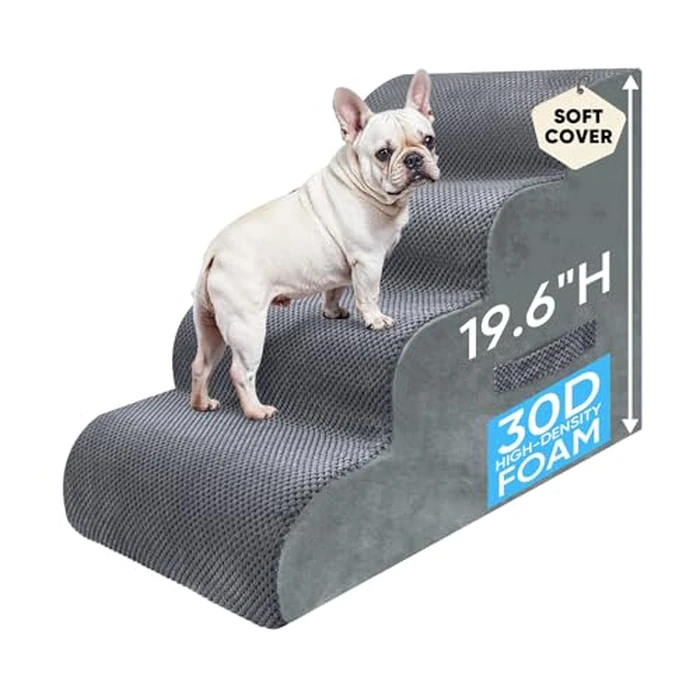 PAWSCRAT Pet Stairs for Dogs 4-Step, 19.6" H Pet Stairs for High Bed, Couch Sofa & Chair, 30D Material Soft Foam Dog Steps with Non-Slip Bottom Surface Removable Washable Cover, Grey by PAWSCRAT - Used - Very Good condition