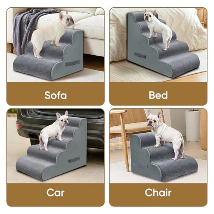 PAWSCRAT Pet Stairs for Dogs 4-Step, 19.6" H Pet Stairs for High Bed, Couch Sofa & Chair, 30D Material Soft Foam Dog Steps with Non-Slip Bottom Surface Removable Washable Cover, Grey by PAWSCRAT - Image 7