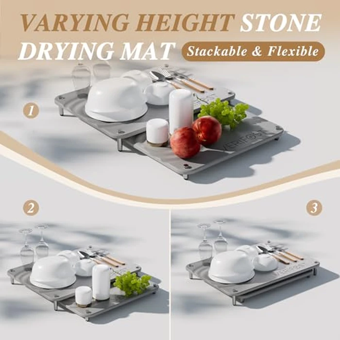 VERIFOST 2025 2pcs Large Stone Drying Mat for Kitchen Counter, Quick Drying Matt Kitchen Counter, Large Drying Stone for Kitchen Counter, Diatomaceous Earth Dish Drying Mat, Moonlight Gray by VERIFOST - Image 3