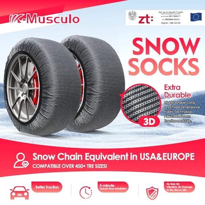 K-Musculo Snow Socks for Tires, Snow Socks Snow for Car SUV Pickup Easy to Use, Ultimate Grip, Washable.100 KM Safely In The Snow, EU EN-16662-1 Certififed(2 PACKS)-XXXL by K-Musculo - Image 2
