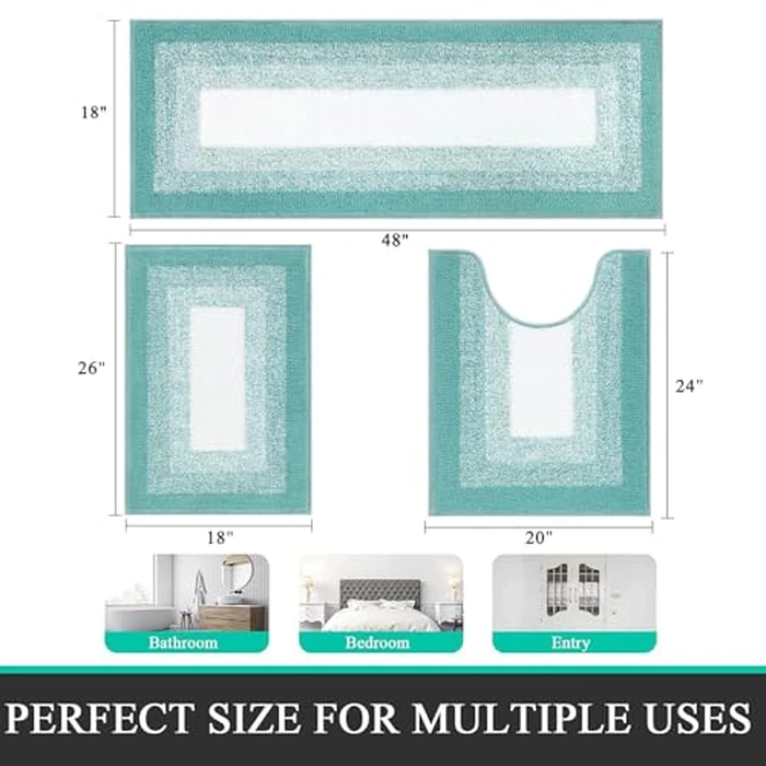 Bsmathom Microfiber Bathroom Rugs Sets 3 Piece, Non-Slip Absorbent Bath Mats for Bathroom, Soft Shaggy Bathroom Mat with U-Shaped Toilet Rug Machine Washable, Teal by Bsmathom - Image 8