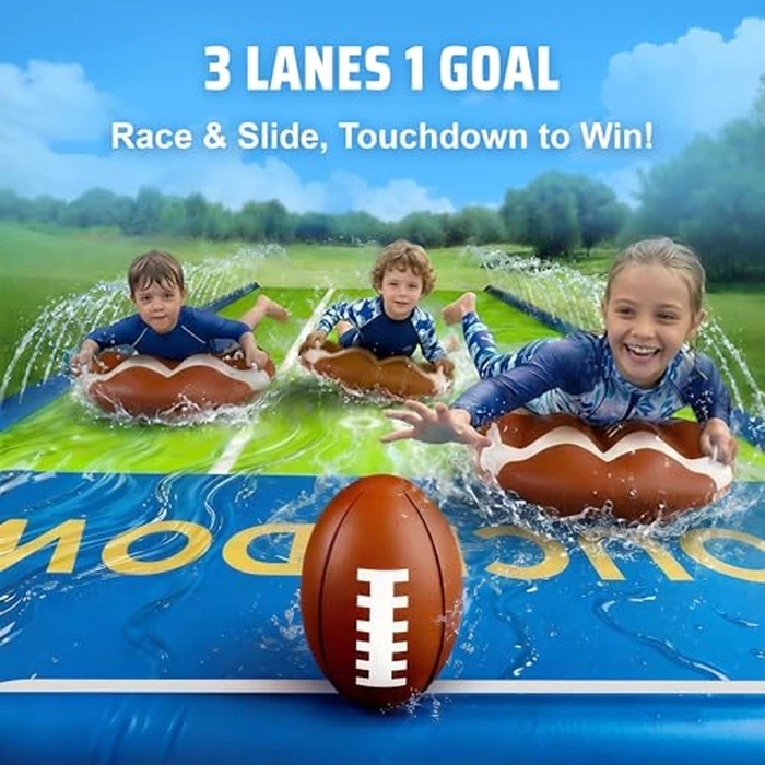 Funscape Triple Water Slides for Kids Backyard, 20FT Water Slide W/ 3 Bodyboards, 1 Inflatable Football, Outdoor Lawn Slip-n-Slider Yard Game W/Splash, Fun Summer Toy Family Party Gifts for Boys Girls by Funscape - Image 1