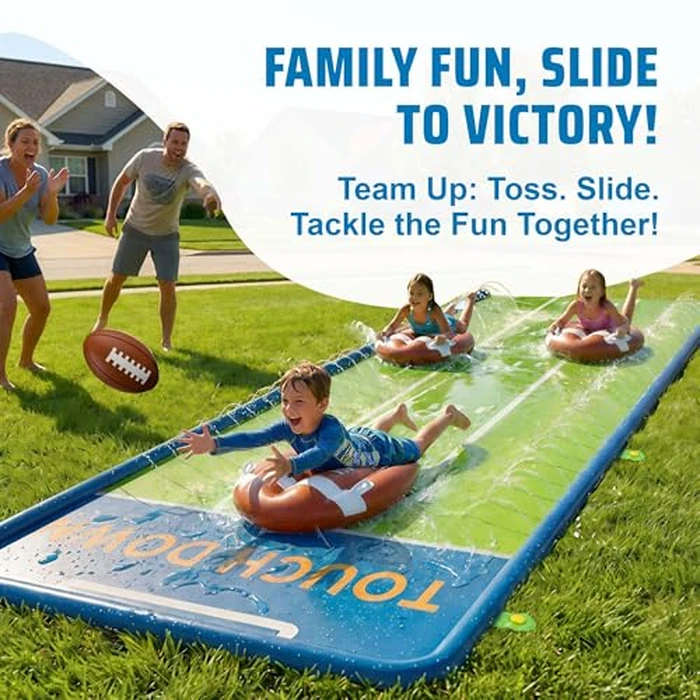 Funscape Triple Water Slides for Kids Backyard, 20FT Water Slide W/ 3 Bodyboards, 1 Inflatable Football, Outdoor Lawn Slip-n-Slider Yard Game W/Splash, Fun Summer Toy Family Party Gifts for Boys Girls by Funscape - Image 4