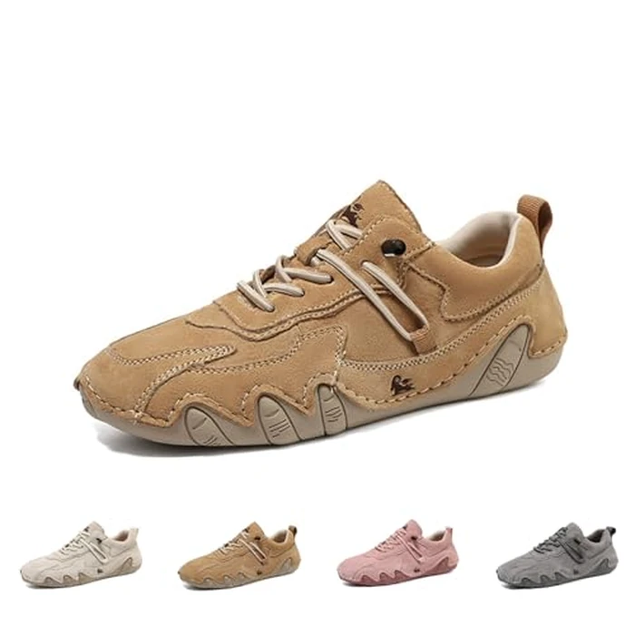 Women's Waterproof Suede Casual Walking Shoes for Hiking Camping & Driving All Season Fashion Retro Elastic Lace Up Hand Stitched Outdoor Sports Sneakers (Brown,6) by Zeberfi - Image 1