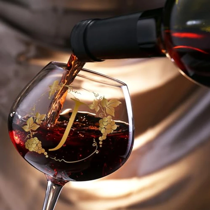 GALOFAY Wine Glasses Gifts for Women Alphabet A-Z, Cool Personalized Gold Monogrammed 'J' Red Wine Glass Set, Pink Gift Package with Goblet, Wine Bag, Key Chain, and Card for Woman by GALOFAY - Image 2