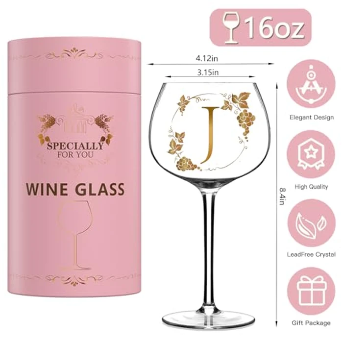 GALOFAY Wine Glasses Gifts for Women Alphabet A-Z, Cool Personalized Gold Monogrammed 'J' Red Wine Glass Set, Pink Gift Package with Goblet, Wine Bag, Key Chain, and Card for Woman by GALOFAY - Image 3