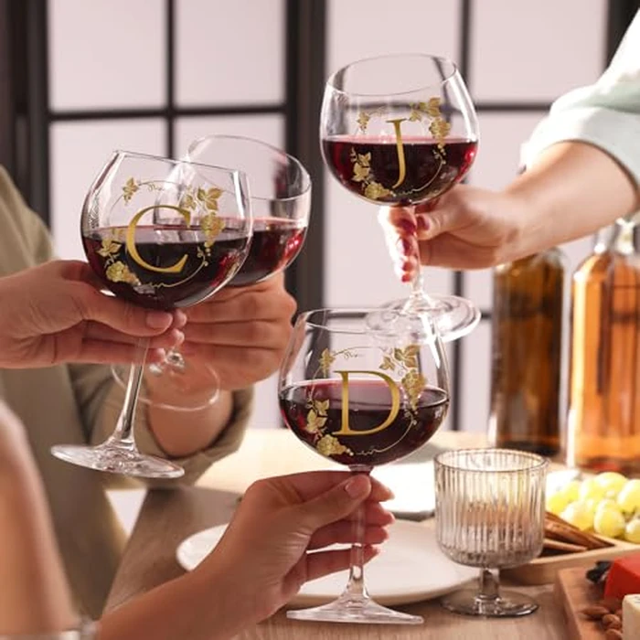 GALOFAY Wine Glasses Gifts for Women Alphabet A-Z, Cool Personalized Gold Monogrammed 'J' Red Wine Glass Set, Pink Gift Package with Goblet, Wine Bag, Key Chain, and Card for Woman by GALOFAY - Image 7