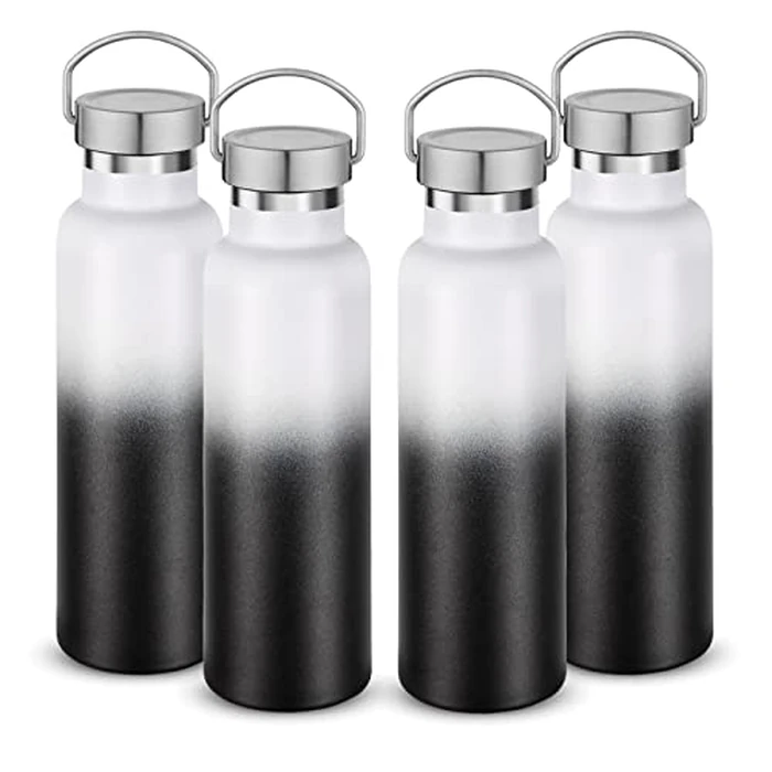 Neihepal 20 oz Insulated Water Bottles Bulk 4 Pack,Stainless Steel Double Wall Sport Bottle with Lid of Handle,Reusable Metal Flask for School,Cyclists,Hikers,Gift (White-Black,Set of 4) by Neihepal - Used - Acceptable condition