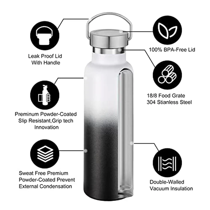 Neihepal 20 oz Insulated Water Bottles Bulk 4 Pack,Stainless Steel Double Wall Sport Bottle with Lid of Handle,Reusable Metal Flask for School,Cyclists,Hikers,Gift (White-Black,Set of 4) by Neihepal - Image 3