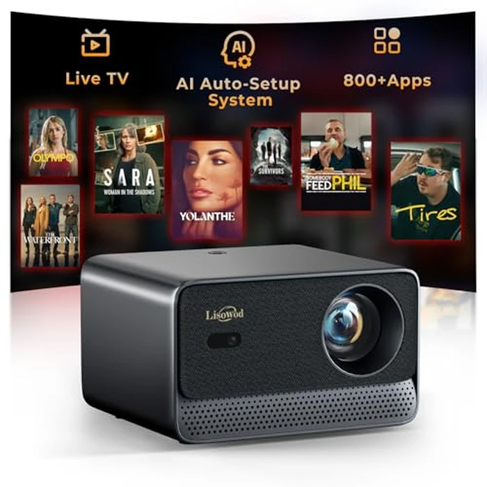 Projector with WiFi and Bluetooth: [2000 Brightness/Ai Auto Focus/1k+ Apps/Compatible with Netflix] Outdoor-Projector 4K Support 1080P Smart Live TV Movie Lisowod L03Pro Projector for Home Theater by Lisowod - Used - Acceptable condition - US$148.45
