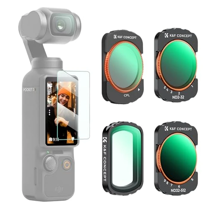 K&F Concept Magnetic Variable ND&UV&CPL Filter Set Compatible with DJI OSMO Pocket 4/3 Creator Combo, 4 Pack UV CPL ND2-32 ND32-512 1-9Stops Light Reduction Neutral Density HD Optical Glass Filters by K&F CONCEPT - Image 1