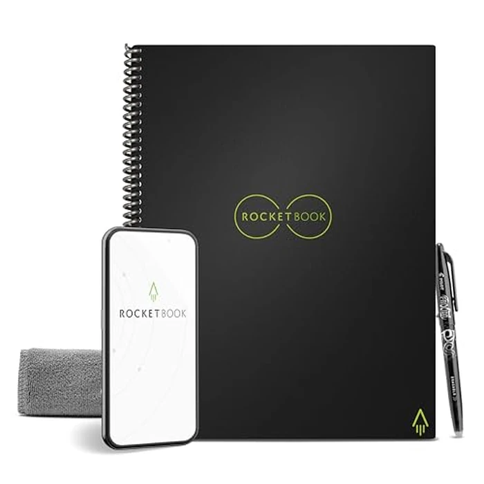 Rocketbook Smart Reusable Notebook - Dot-Grid Eco-Friendly Notebook with 1 Pilot Frixion Pen & 1 Microfiber Cloth Included - Infinity Black Cover, Letter Size (8.5" x 11") by Rocketbook - Used - Good condition