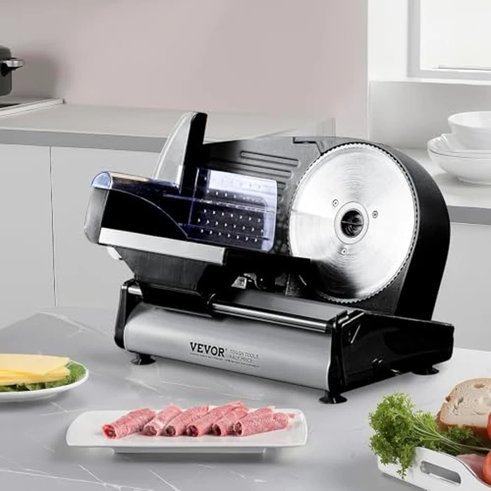 VEVOR Meat Slicer, 7.5 inch Electric Deli Food Slicer, 180W Meat Cutter with two Premium SUS420 Blades, 0-0.6 inch Adjustable Thickness, ETL Certified Food Slicer Machine for Home Use by VEVOR - Used - Like New condition