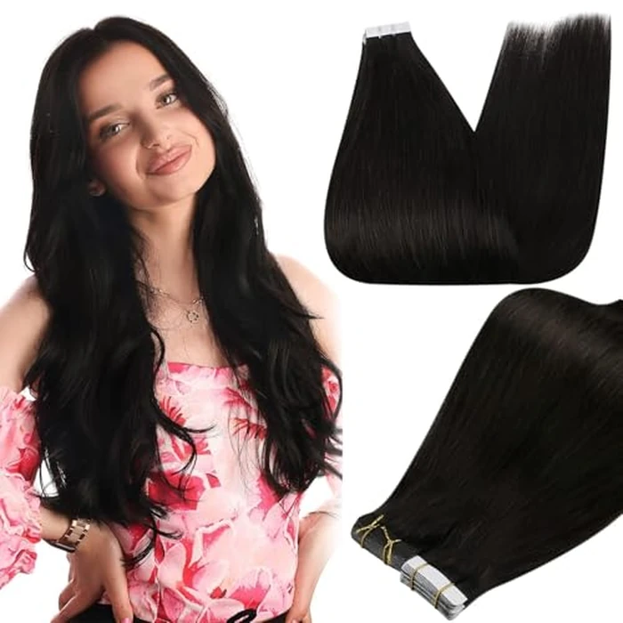 Full Shine Hair Extensions Real Human Hair Color 1B Natural Black Hair Extensions Tape in Hair Extensions for Women 20 Pieces 50 Grams 16 Inch by Full Shine - Used - Acceptable condition