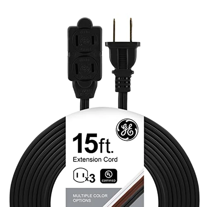 GE 15 Ft Extension Cord, 3 Outlet Power Strip, 2 Prong, 16 Gauge, Twist-to-Close Safety Outlet Covers, Indoor Rated, Perfect for Home, Office or Kitchen, UL Listed, Black, 45154 by GE - Used - Acceptable condition - US$7.09