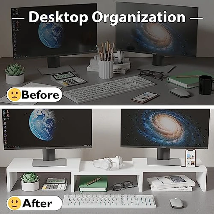 BONTEC Dual Monitor Stand Riser with Smartphone Holder, Adjustable Length & Swivel Angle, Ergonomic Wooden Desktop Organizer for PC Monitor, Laptop, Printer, Large Storage, White by BONTEC - Image 2