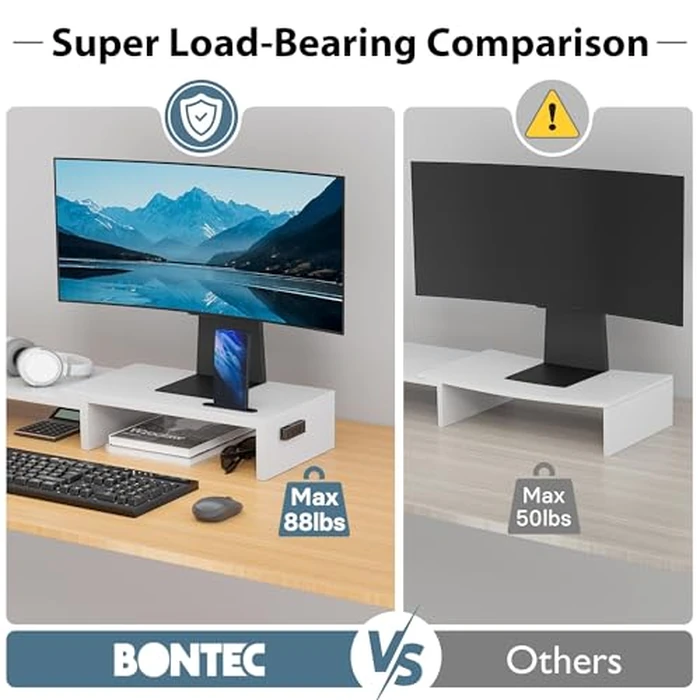 BONTEC Dual Monitor Stand Riser with Smartphone Holder, Adjustable Length & Swivel Angle, Ergonomic Wooden Desktop Organizer for PC Monitor, Laptop, Printer, Large Storage, White by BONTEC - Image 5
