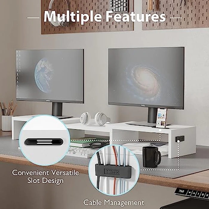 BONTEC Dual Monitor Stand Riser with Smartphone Holder, Adjustable Length & Swivel Angle, Ergonomic Wooden Desktop Organizer for PC Monitor, Laptop, Printer, Large Storage, White by BONTEC - Image 6
