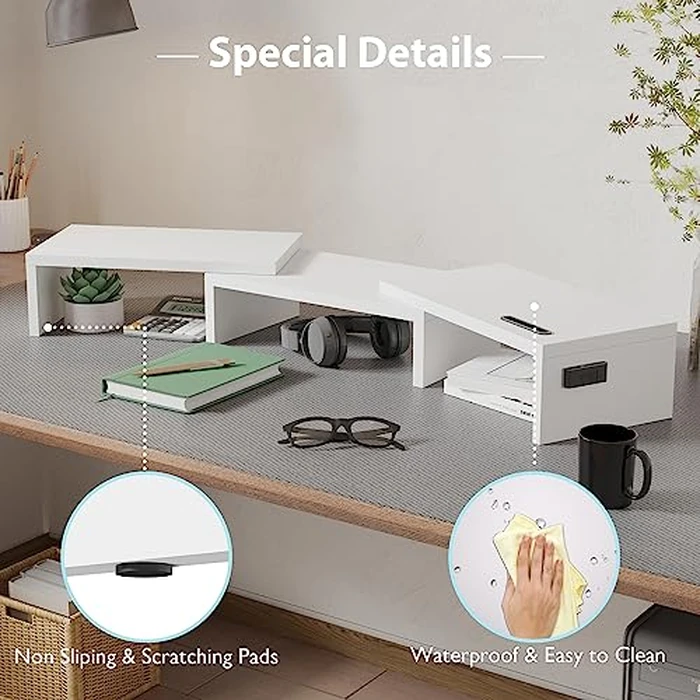 BONTEC Dual Monitor Stand Riser with Smartphone Holder, Adjustable Length & Swivel Angle, Ergonomic Wooden Desktop Organizer for PC Monitor, Laptop, Printer, Large Storage, White by BONTEC - Image 7