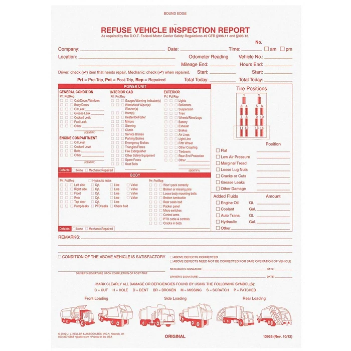 Refuse Truck Driver's Vehicle Inspection Report 10-pk. - Book Format with 31 Sets, 2-Ply Carbonless, 8.5" x 11", Red Ink, Meet FMCSR Requirements, J. J. Keller & Associates, Inc. by J. J. Keller & Associates, Inc. - Used - Very Good condition - US$52.67