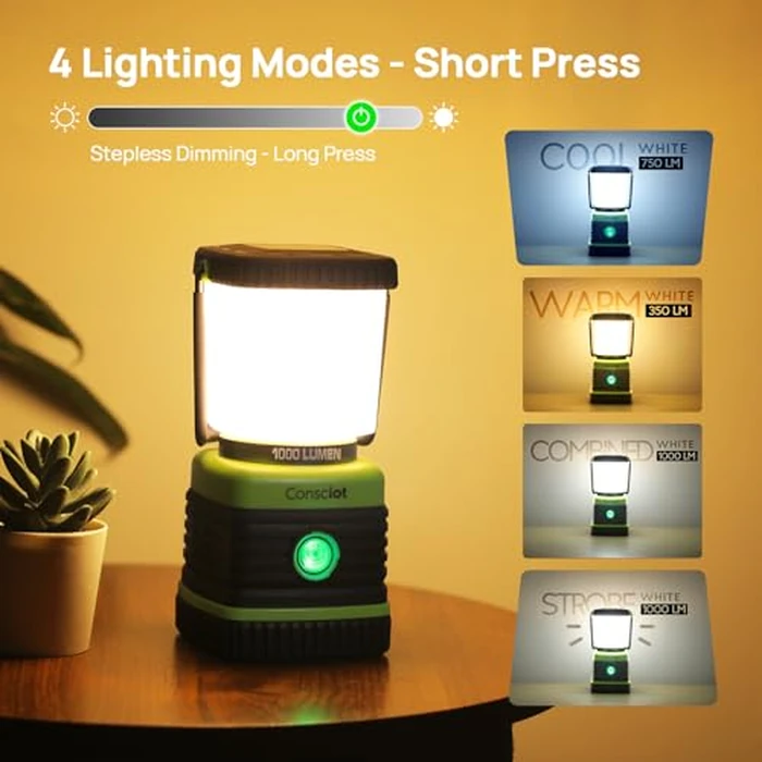 LED Camping Lantern, Consciot Battery Powered LED Lantern Flashlight, 1000LM, 4 Light Modes, IPX4 Waterproof, Survival Kits for Indoor Outdoor, Emergency Light for Home Power Outages, Hurricane, Storm by Consciot - Image 3