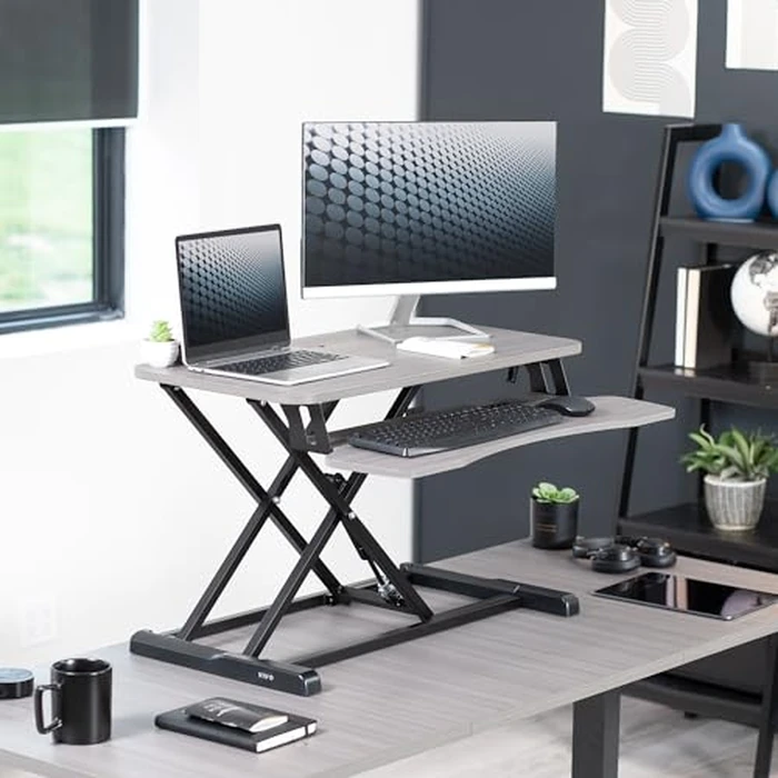 VIVO 32 inch Desk Converter, K Series, Height Adjustable Sit to Stand Riser, Dual Monitor and Laptop Workstation with Wide Keyboard Tray, Gray Top, Black Frame, DESK-V000KG by VIVO - Image 2
