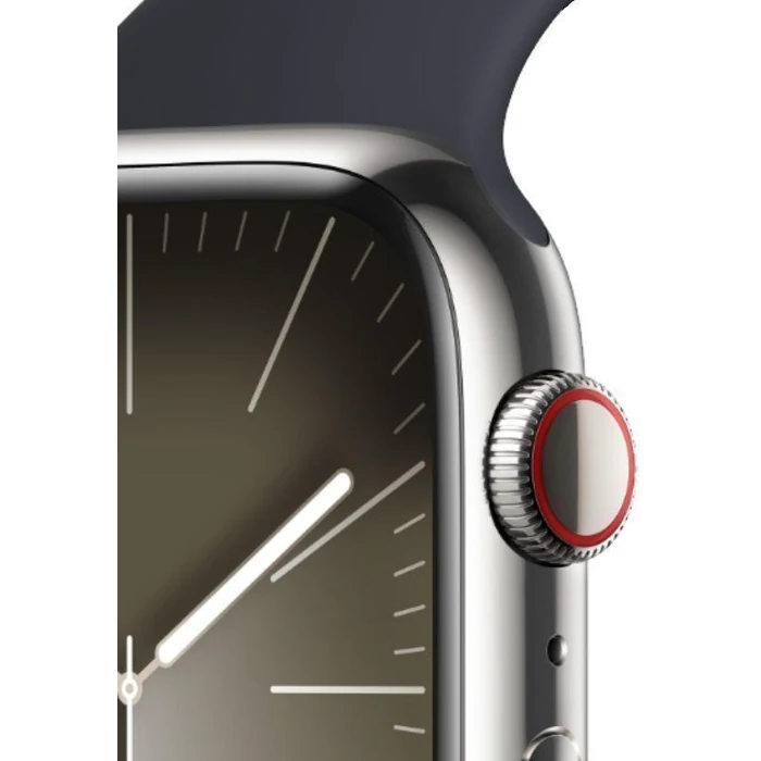 Apple Watch Series 9 (Cellular + GPS) - 64GB - 45mm - Silver Stainless Steel Case with Midnight Rubber Sport Band - Medium/Large Size by Apple - Image 3