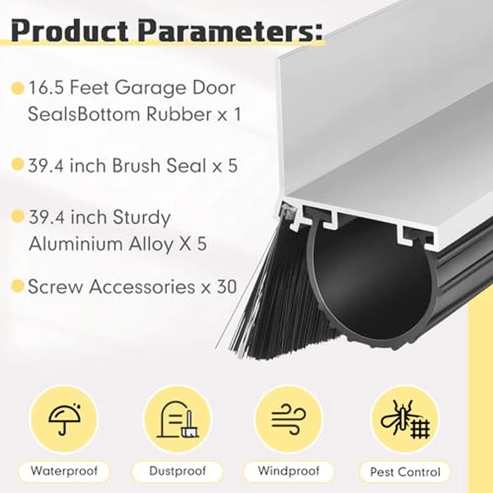 Zonon Universal Garage Door Seal Bottom Kit Weatherproofing Door Weather Stripping Rubber Kit with Aluminum Track Retainer Base and Brush Heavy Duty(U Shape,16.5 ft,with 5 Brush Strips) by Zonon - Image 3