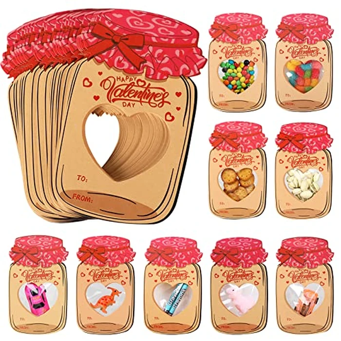 POPGIFTU Valentines Cards for Kids - 50 Pack Mason Jar Valentine Exchange Cards with Treat Bags, Classroom Valentines for Boys & Girls, School Parties & Activities (Candy Not Included) by POPGIFTU - Image 1