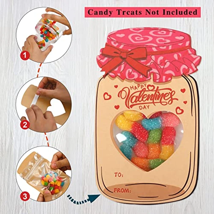 POPGIFTU Valentines Cards for Kids - 50 Pack Mason Jar Valentine Exchange Cards with Treat Bags, Classroom Valentines for Boys & Girls, School Parties & Activities (Candy Not Included) by POPGIFTU - Image 2