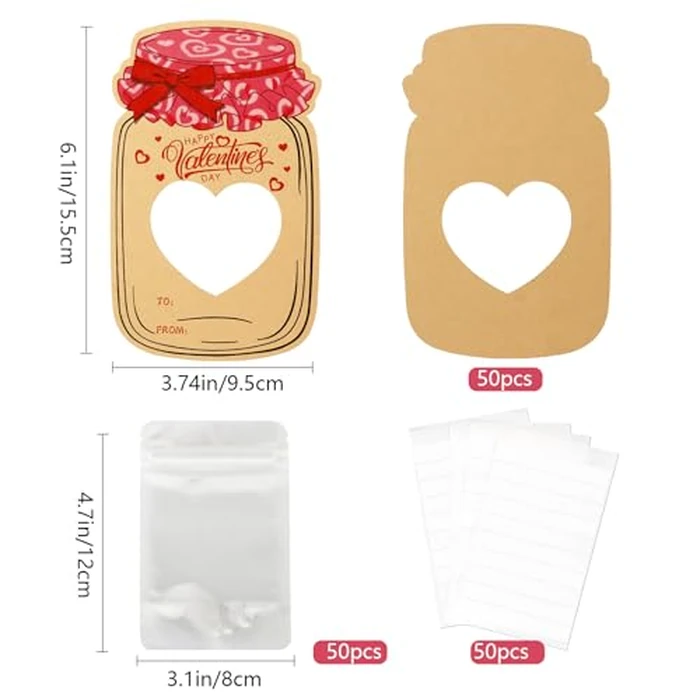 POPGIFTU Valentines Cards for Kids - 50 Pack Mason Jar Valentine Exchange Cards with Treat Bags, Classroom Valentines for Boys & Girls, School Parties & Activities (Candy Not Included) by POPGIFTU - Image 3