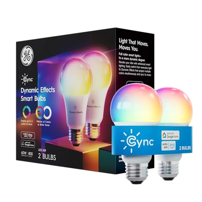 GE Cync Dynamic Effects A19 LED Smart Light Bulbs, Bluetooth and WiFi Color Changing Lights with Music Sync, Compatible with Alexa and Google Home (2 Pack) by Cync - Used - Acceptable condition - US$26.14