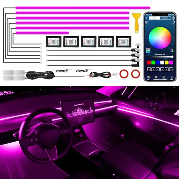 Acrylic Interior Car LED Strip Light with Wireless APP, 14 in 1 with 175 inches 593 LEDs Neon LED Strip Light, RGB Colors Dynamic Music Sync Car Ambient Lighting Kits by MAODANER - Used - Good condition - CA$43.21
