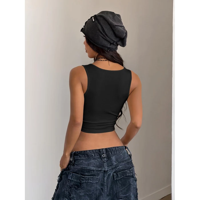 SOLY HUX Women's V Neck Crop Tops Basic Trendy Notched Sleeveless Slim Fit Summer Y2k Sexy Crop Tank Top Plain Black X-Small by SOLY HUX - Image 2